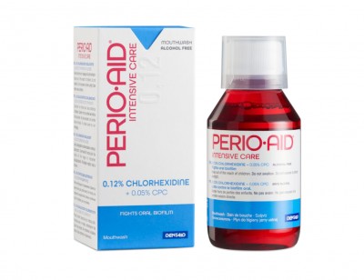 Ополаскиватель полости рта PERIO-AID® Intensive Care с содержанием хлоргексидина биглюконата 0,12% и цетилпиридиния хлорида 0,05%.